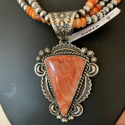 Navajo Red Spiny Oyster Pendant | Sterling Silver | Native American Handmade | Multi-Strand Necklace | 1659