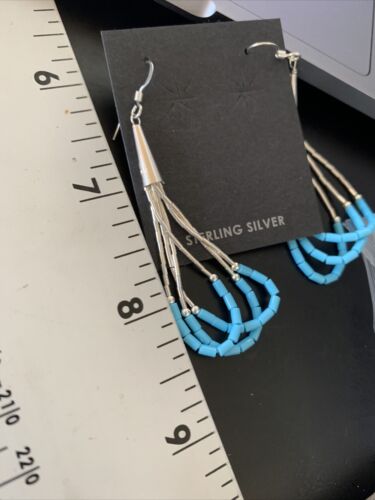 Handmade Liquid Silver Heishi Dangle Earrings | Blue Turquoise | Sterling Silver | 2" | 13049