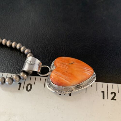 Navajo Orange Heart Spiny Oyster Pendant | Sterling Silver Necklace | Authentic Native American Handmade | 13947