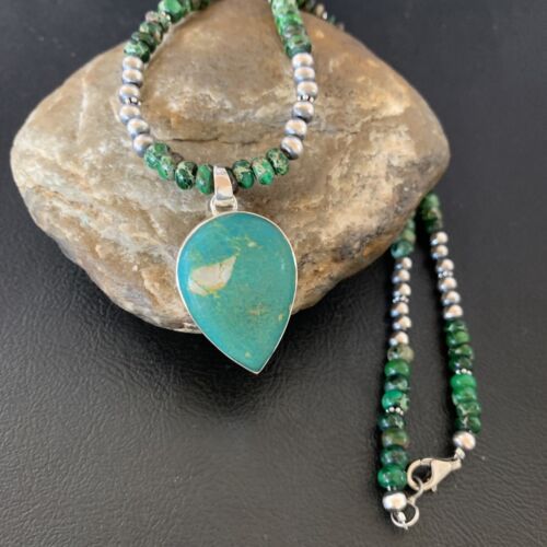 Navajo Green Turquoise Pendant Necklace | Sterling Silver Beads | Authentic Native American Handmade | 13367