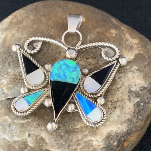 Zuni Butterfly Opal Mother of Pearl Onyx Inlay Pendant Necklace | Sterling Silver | 14207