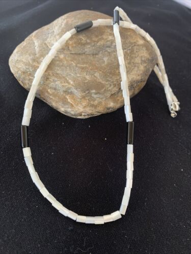 Men's Navajo Onyx & Mother of Pearl Heishi Bead Necklace | Sterling Silver | Authentic Native American Handmade | 20" | 01412
