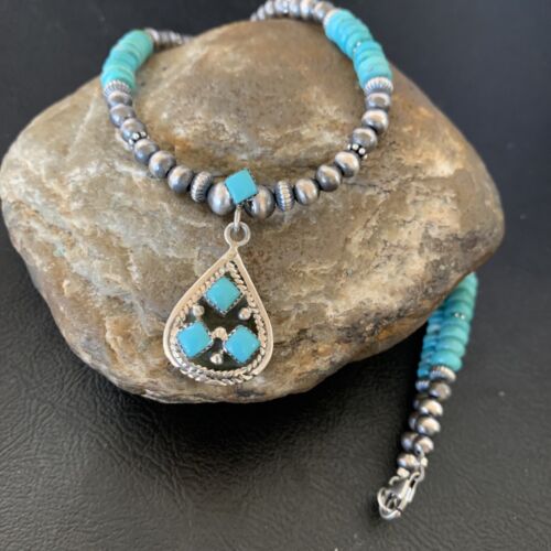 Navajo Men's Navajo Pearls Necklace | Authentic Native American Sterling Silver | Blue Kingman Turquoise Pendant | Multi-Stone | 12475