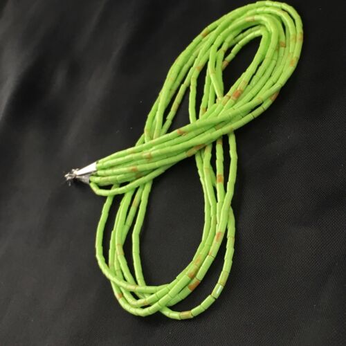 Native American Green Gaspeite Tube Heishi Necklace | 5 Strand | Sterling Silver | 19" | 10258