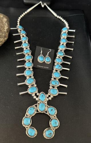 Kingman Turquoise Squash Blossom Necklace | Navajo Sterling Silver Naja | Authentic Native American | 14456