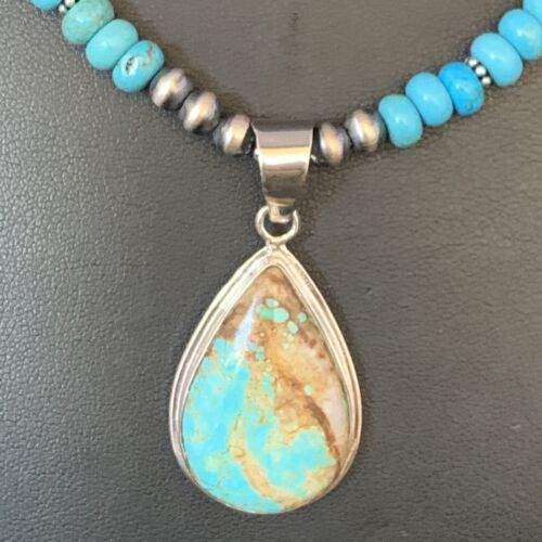 Navajo Blue Turquoise Pendant Necklace | Sterling Silver | Authentic Native American Handmade | 13828