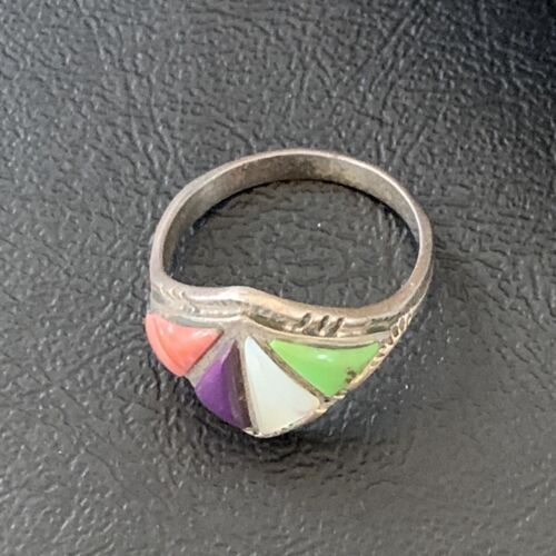 Navajo Multi-Color Gaspeite Sugilite Coral Mother of Pearl Inlay Ring | Sterling Silver | Sz 10.5 | 12397