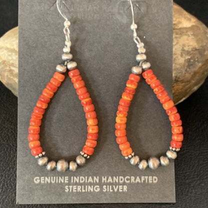 Navajo Red Spiny Oyster Hoop Earrings | Sterling Silver | Authentic Native American Handmade | 13499