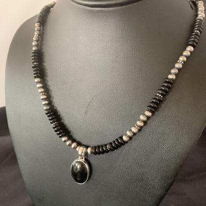 Native American Men's Navajo Pearl Necklace Pendant | Sterling Silver Black Onyx | 11905