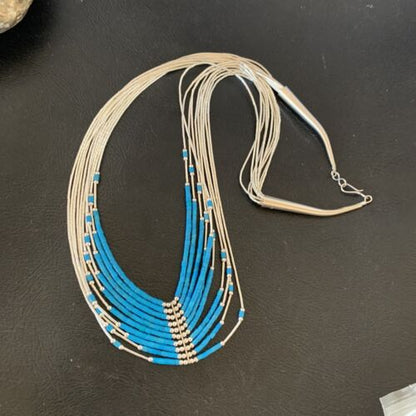 Liquid Silver Heishi 10-Strand Necklace | Sterling Silver Pendant with Turquoise | 12295
