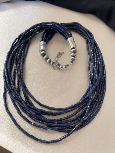 Navajo Sterling Silver 10-Strand Lapis Necklace | Authentic Native American Handmade | 01095