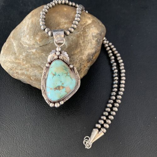 Men's Navajo Sonoran Gold Turquoise Pendant Necklace | Sterling Silver | Authentic Native American Handmade | 13657