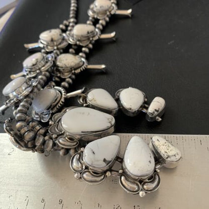 Navajo White Buffalo Turquoise Sterling Squash Blossom Necklace | Naja Pendant | 10957