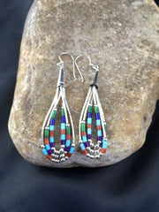 Handmade Liquid Silver Heishi Dangle Earrings | Turquoise Coral | Sterling Silver | 2" | 2009