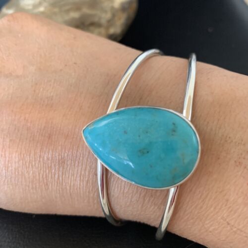 Minimalist Women's Blue Kingman Turquoise Cuff Wire Bracelet | Sterling Silver | 12867