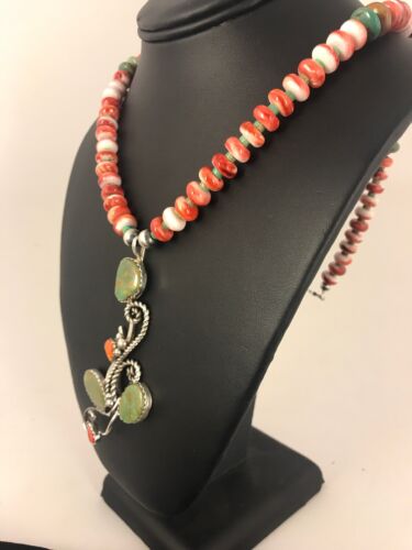 Navajo Green Turquoise & Spiny Oyster Pendant Necklace | Authentic Native American Sterling Silver | Multi-Stone | 8486
