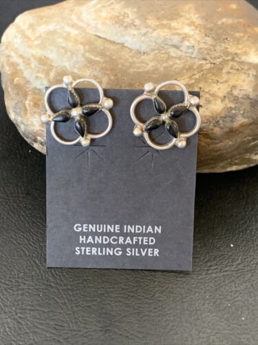 Navajo Black Onyx Stud Post Earrings | Sterling Silver | 0.5" | Authentic Native American Handmade | 12644