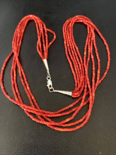 Natural Red Coral Rice Heishi Beads Necklace | 5 Strand | Sterling Silver | 20" | 12927