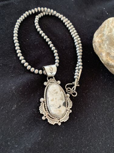 Navajo White Turquoise Buffalo Pendant Necklace | Sterling Silver | Authentic Native American Handmade | 1369