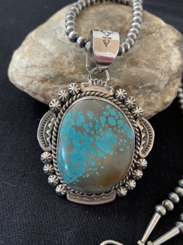Men's Navajo Pearls Necklace Pendant | Sterling Silver | Blue Turquoise #8 | Authentic Native American Handmade | 528