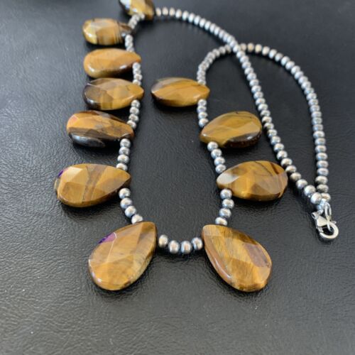 Navajo Pearl Sterling Silver Necklace | Coffee Tiger's Eye Teardrop Pendant | 21" | 11748