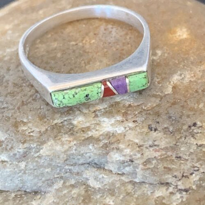 Navajo Green Gaspiete Sugilite Red Coral Inlay Ring | Sz 8.25 | Authentic Native American Handmade | 2259