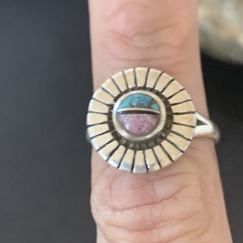 Southwestern Women's Navajo Blue Turquoise Pink Coral Inlay Ring | Sz 7 | 11168