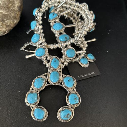 Kingman Turquoise Squash Blossom Necklace | Navajo Sterling Silver Naja | Authentic Native American | 14456