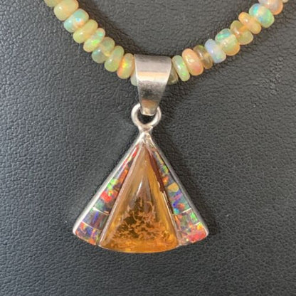 Navajo Yellow Opal Amber Inlay Pendant | Sterling Silver Necklace | Authentic Native American Handmade | 13417