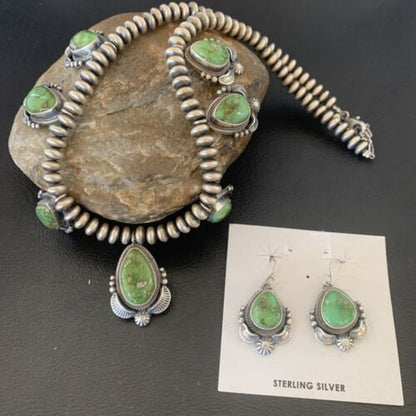 Navajo Sterling Silver Choker Necklace with Sonoran Gold Turquoise Earrings | Authentic Native American Handmade | 11536