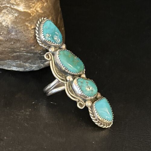 Navajo Blue Kingman Turquoise Cluster Ring | Authentic Native American Sterling Silver | Multi-Stone | Sz 8.5 | 14491