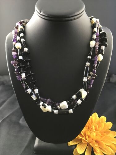 Navajo Black Onyx Mother of Pearl 3-Strand Turquoise Bead Necklace | Sterling Silver | 27" | 10150