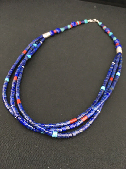 Southwestern Navajo Lapis Turquoise Necklace | 3-Strand | Sterling Silver | 24" | 1332