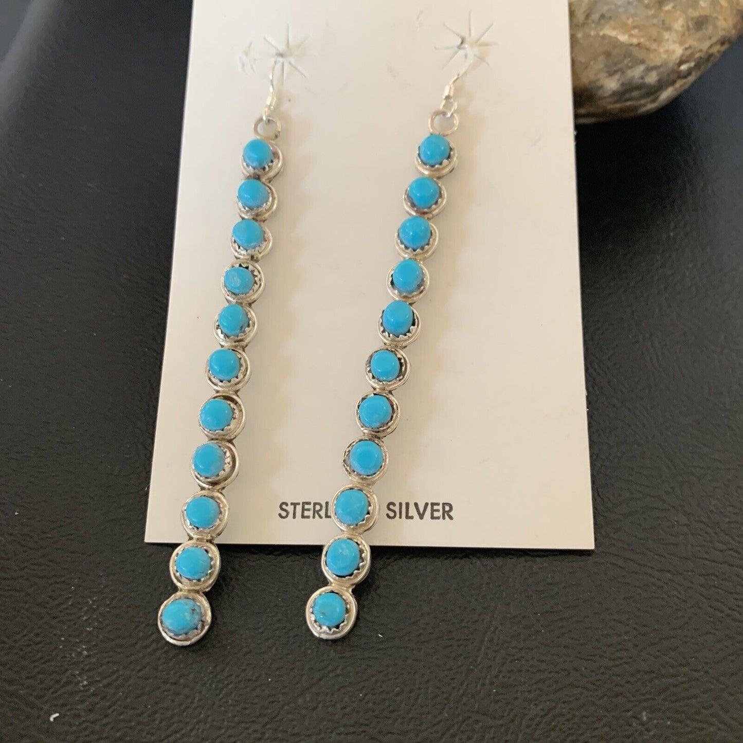 Navajo Green Turquoise Dangle Earrings | Sterling Silver | 3" Long | Authentic Native American Handmade | 12119