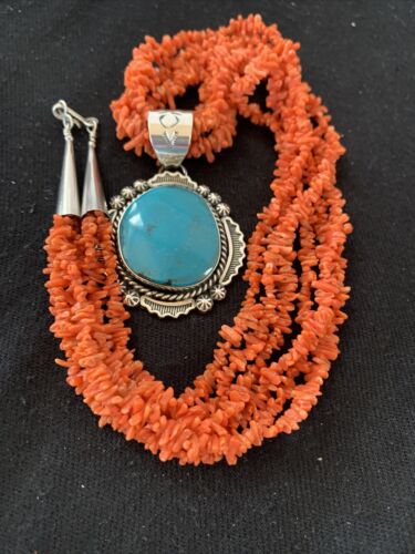 Navajo Sterling Silver Coral Bead Necklace | Turquoise Pendant | Multi-Strand 21" | 00766