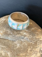 Navajo Blue Turquoise Inlay Ring | Sterling Silver | Sz 9.5 | Authentic Native American Handmade | 12573