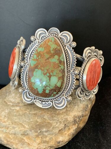 Navajo Royston Turquoise Spiny Oyster Cuff Bracelet | Sterling Silver | Authentic Native American Handmade | 1162