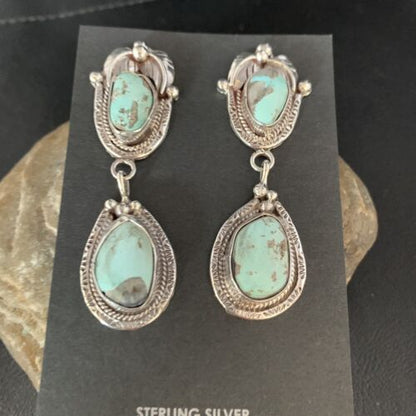 Navajo Blue Dry Creek Turquoise Post Dangle Earrings | Sterling Silver | Authentic Native American Handmade | 13816