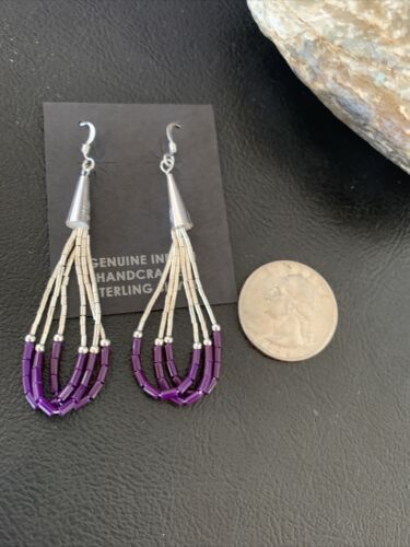 Handmade Liquid Silver Heishi Tube Beads Sugilite Earrings | Sterling Silver | 2" | 13048