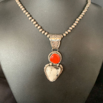 Navajo White Buffalo Turquoise Coral Pendant | Sterling Silver | Multi-Stone Necklace | 13578