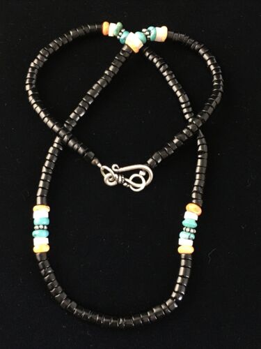 Navajo Black Onyx Turquoise Necklace | Sterling Silver | 18" | Authentic Native American Handmade | 10001