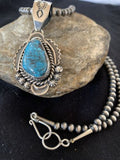 Navajo Spiderweb Kingman Turquoise Pendant Necklace | Sterling Silver | Authentic Native American Handmade | 688