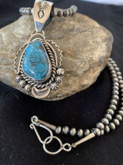 Navajo Spiderweb Kingman Turquoise Pendant Necklace | Sterling Silver | Authentic Native American Handmade | 688