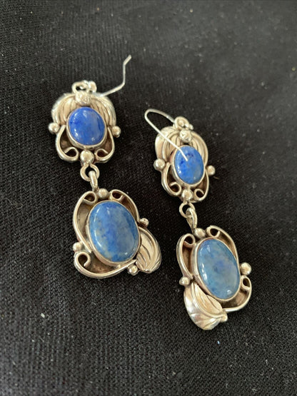 Native American Navajo Denim Lapis Dangle Earrings | Sterling Silver | 2" | 01680 - Masha USA