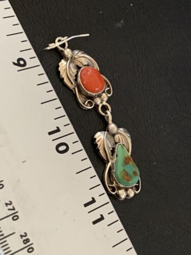 Navajo Green Royston Turquoise & Red Coral Dangle Earrings | Sterling Silver | Native American Handmade | 12553