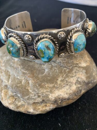 Navajo Green Sonoran Gold Turquoise Cuff Bracelet | Sterling Silver | 5 Stone | Authentic Native American Handmade | 864