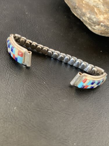 Navajo Sterling Silver Watch Tips with Turquoise, Coral & Mother of Pearl Inlay Band | Authentic Native American Jewelry | 12138