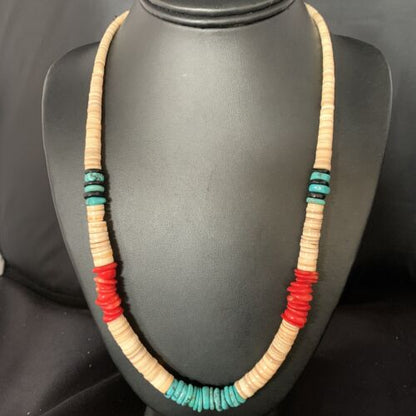 Authentic Native American Santo Domingo Necklace | Red Coral, Blue Turquoise, Onyx Shell | 22" | 13487