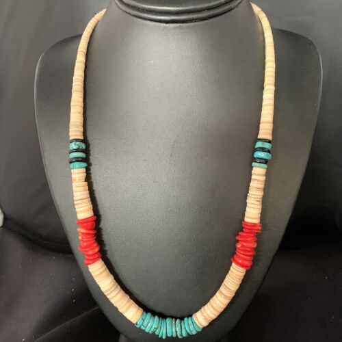 Authentic Native American Santo Domingo Necklace | Red Coral, Blue Turquoise, Onyx Shell | 22" | 13488