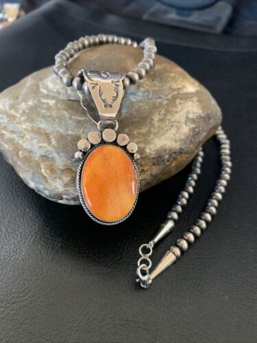 Navajo Orange Spiny Oyster Pendant Necklace | Sterling Silver | Authentic Native American Handmade | 13081